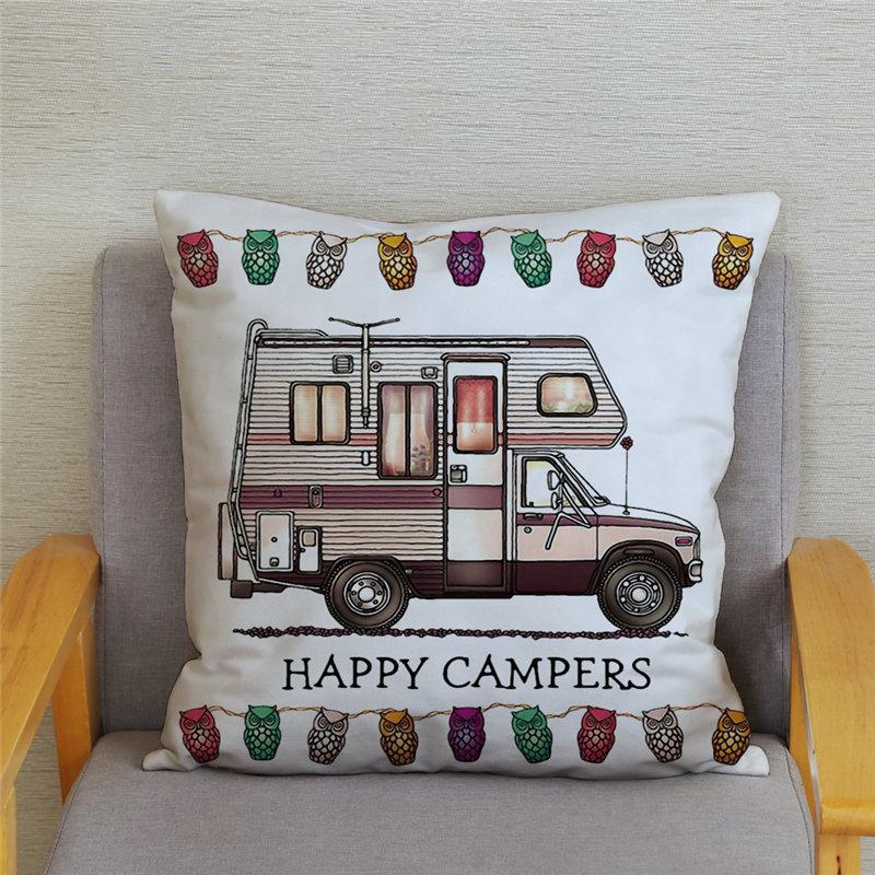 Throw Pillow Case Sofa Home Decor Owl Pillowcase Happy Campers Car Soft Short Plush Cushion Cover Print Pillow Covers 45*45cm