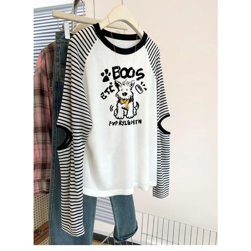 Round Neck Letter Stripe Print Casual Contrast Raglan Long-sleeved T-shirt Women's Bottoming Shirt Loose Top