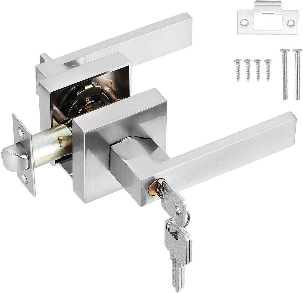 Door Lever Handle Lock,Interior Door Handle with Lock and Key Square Entry Door Handle for Bedroom Office Left or Right Handing (Silver)