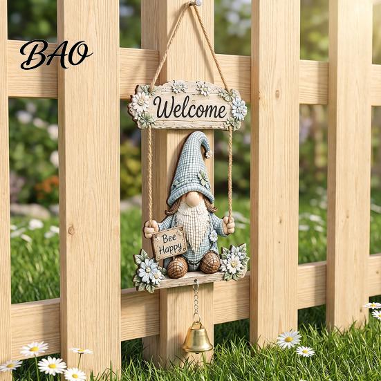 Outdoor Courtyard Decoration Wooden Gnome Door Hanger with Bell, Country Garden Welcome Sign Front Porch Hanging Swing Wall Plaque, Farmhouse Ornament
