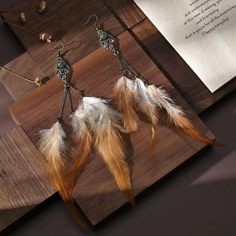 Trendy Ethnic Retro Multicolor Feather Beaded Circle Dangle Earrings