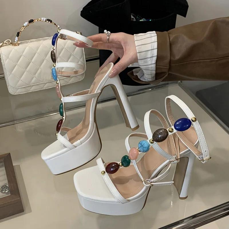 Fashion Design Colour Gem Ankle Strap Women Chunky Platform Sandals Summer Square Toe Super High Heels Wedding Prom Shoes