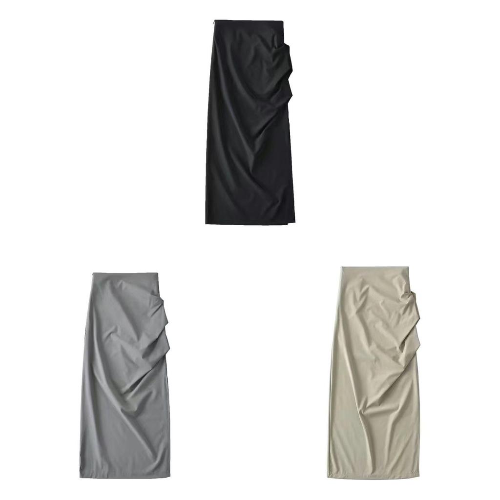 Cotton Blend High Waist Pleated Split Midi Skirt For Women Spring Summer