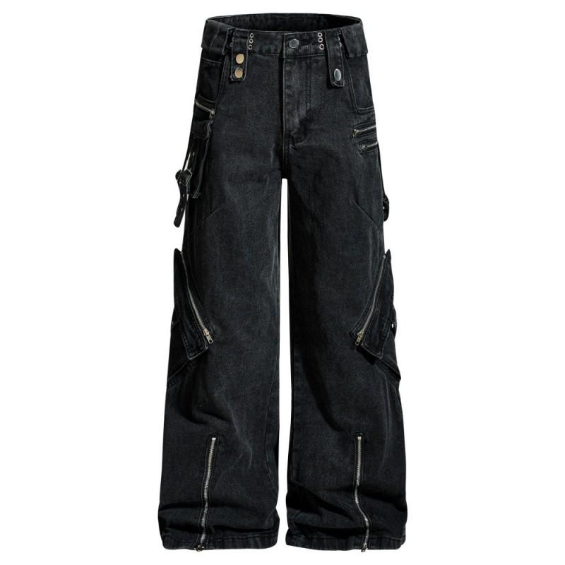 Mens Distressed Work Jeans Loose Straight Leg Punk Style Zip Fly Denim Pants Casual