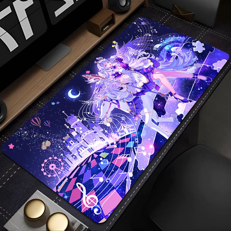 Large Gaming Mouse Pad Antislip Rubber Base Stitched Edges Starry Blue Angel Anime Girl Print for Gaming Office Desk Use