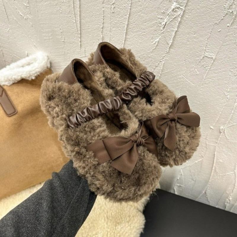 Platform Cute Bow One Slip Two Wear Fuzzy Shoes Women's Outside Wear 2025 Autumn and Winter New Fleece Versatile Cotton Shoes