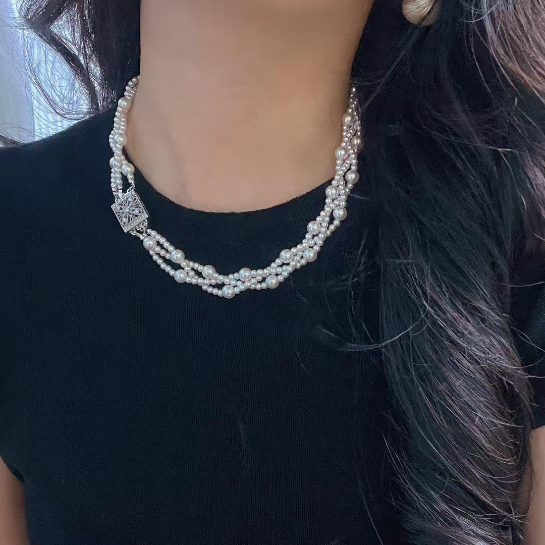 Vintage Design High Quality High Gloss Artificial Crystal Pearl Woven Design Multi-Layer Necklace Clavicle