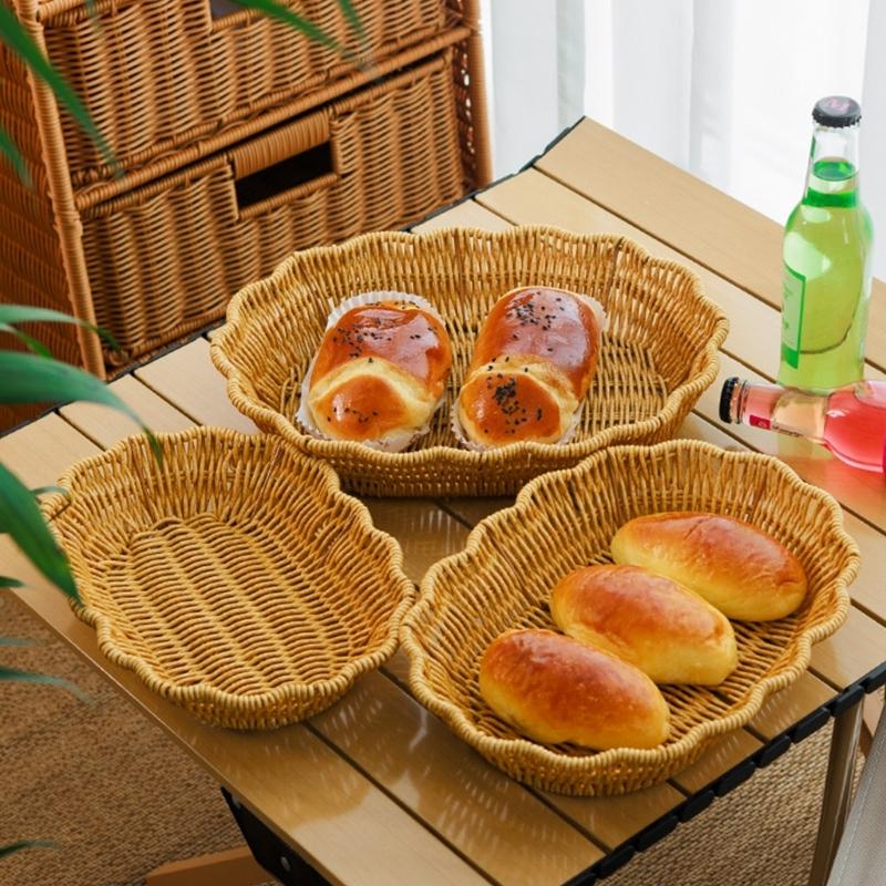 Woven Design Snacks Serving Tray PP Plastic Imitation Rattan Fruit Basket For Living Room Coffee Table Candy Display