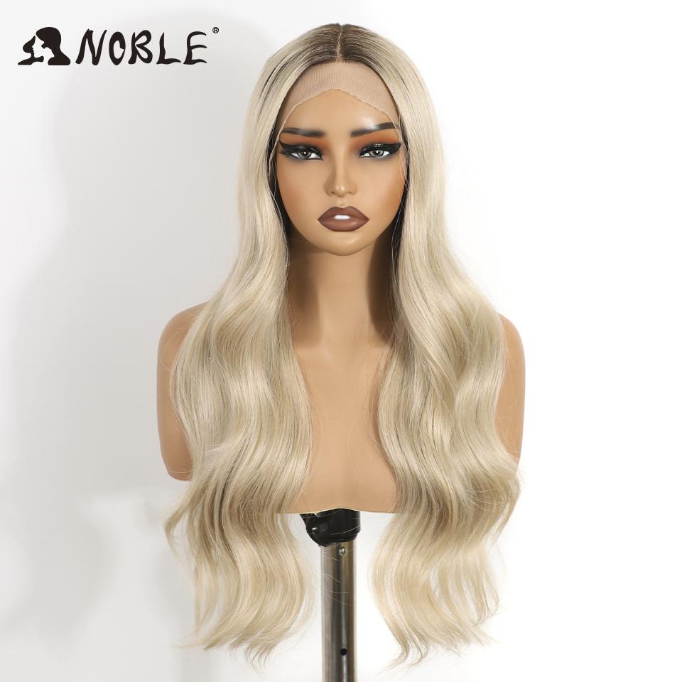 Noble Synthetic Lace Front Wigs For Women 26 Inch Wavy Platinum Blonde Ombre Wig Highlight Lace Front Wig Cosplay Lace Wigs