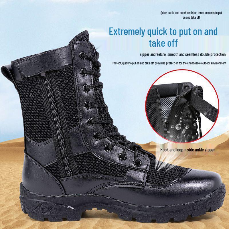 Men's Summer Mesh Breathable Black High-Waist Side-Zip Martin Boots for Security and Training