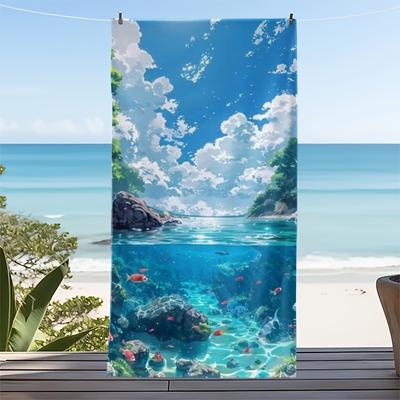 Split-View Ocean Beach Towel Sky & Reef Dual Scene Print Refreshing Summer Accessory for Pool or Shore