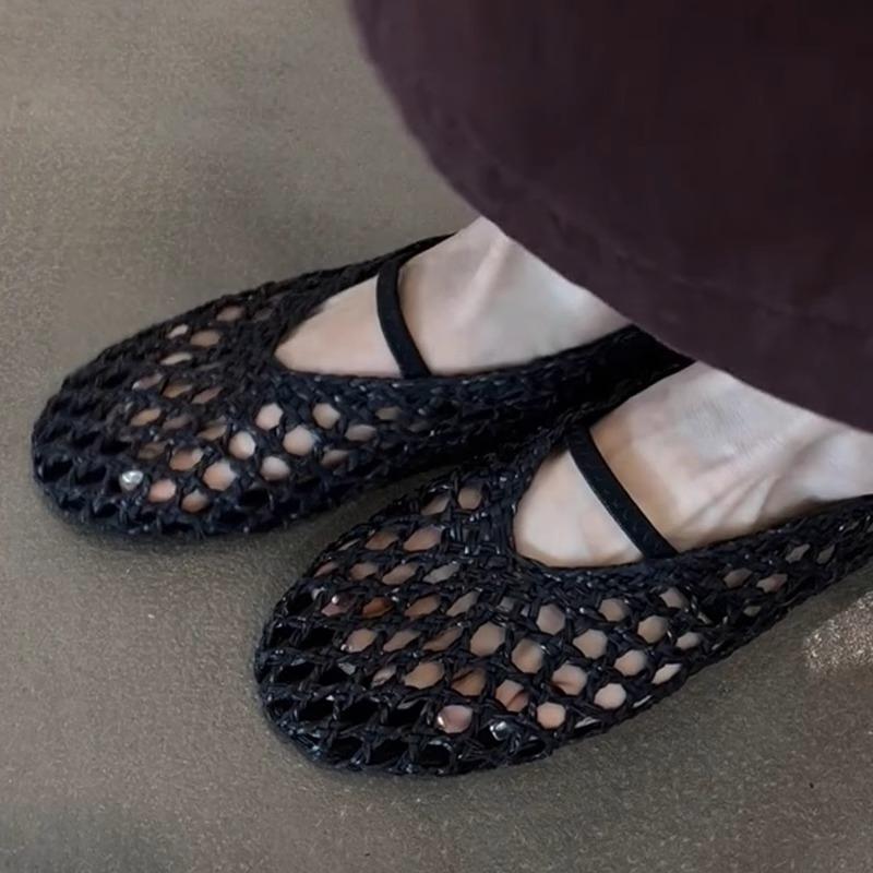 Fashion Retro Mesh Weave Design Flat Sandals Women Fashion Hollow Soft Sole Mary Jane Shoe Concise Comfort Roman Sandal Zapatos De Mujer