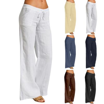 Women's Casual Cotton Linen Elastic Waist Drawstring Long Wide Leg Pants