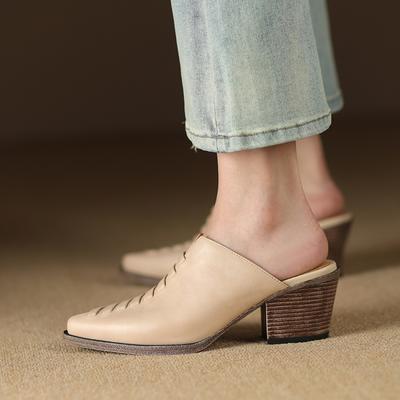 Fashion 2025 Summer New Baotou Half Slippers Women Wear Muller Shoes Thick Heel High Heel Sandals Women's Slippers Genuine Leather Shoes