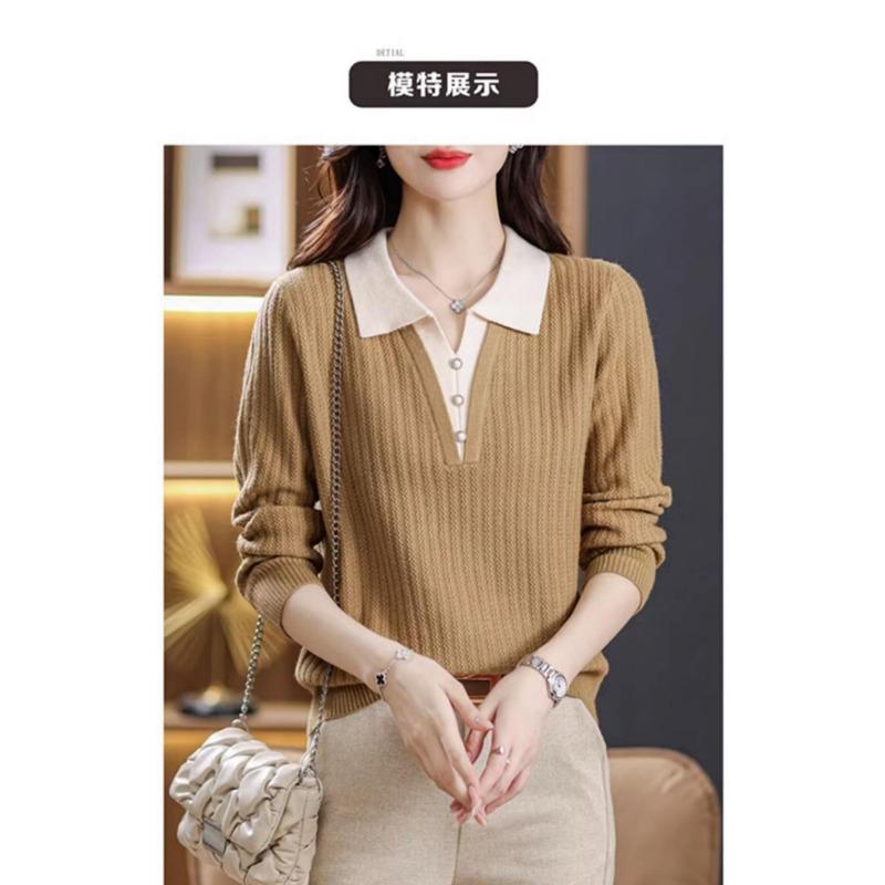 Lapel knitted sweater top spring large size medium sweater bottoming shirt fake two-piece sweater women