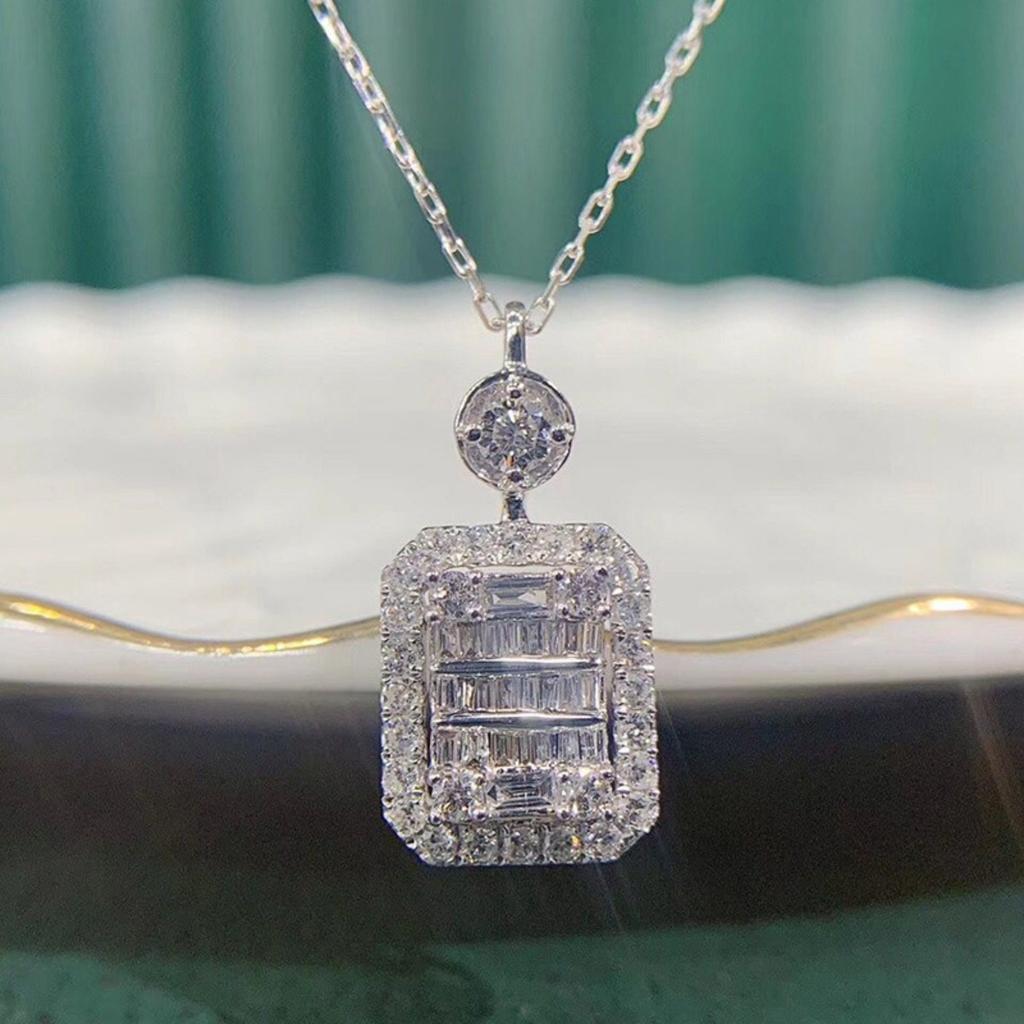 Two Tier Round and Baguette Mixed Cut Cubic Zirconia Halo Square Pendant Luxury Women Clavicle Necklace