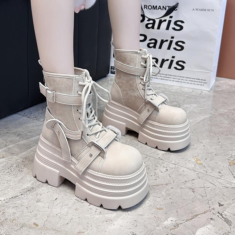 Modedesigner Damen Kurze Stiefel Neu Herbst Winter Wildleder Leder Klobige Stiefel Gladiator High Platform Schnalle Goth Stiefel Mujer Zapatos