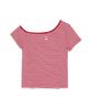 Emelbi Women'S Varsity Striped Off-Shoulder Slim Semi-Crop Short Sleeve T-Shirt Phi (Neon Red)