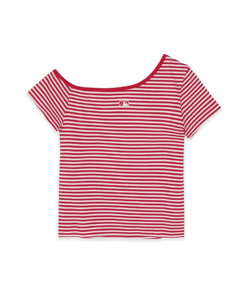 Emelbi Women'S Varsity Striped Off-Shoulder Slim Semi-Crop Short Sleeve T-Shirt Phi (Neon Red)