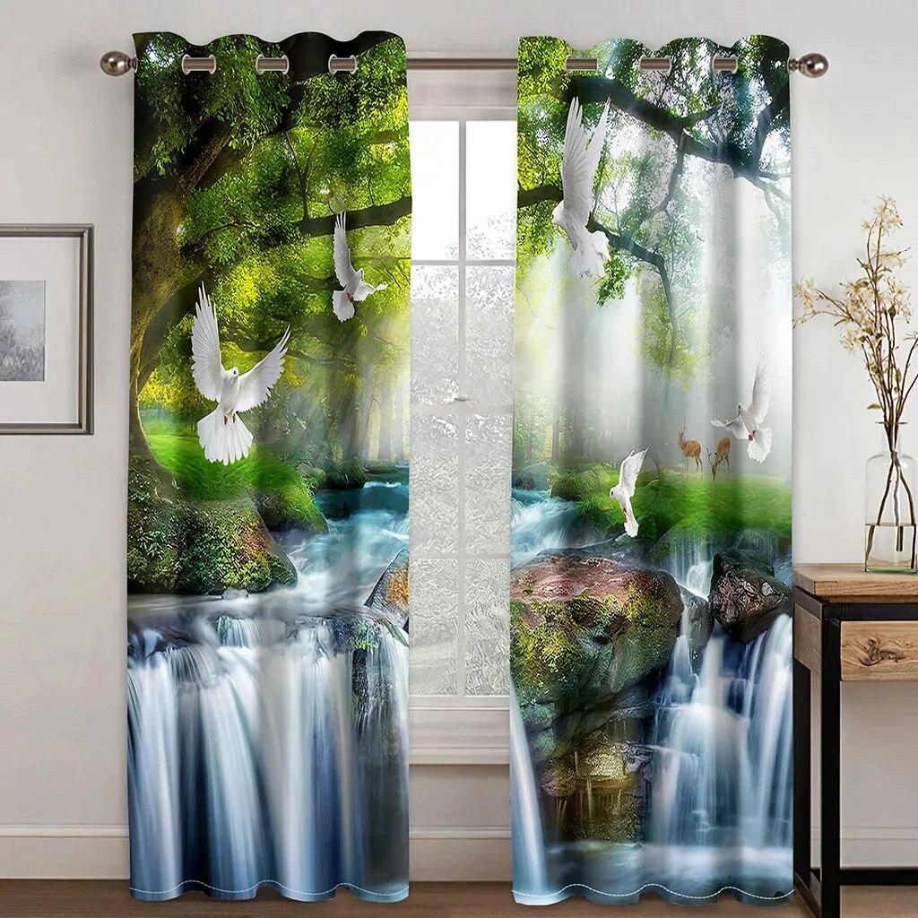 

Горные ручьи, водопад, природный пейзаж, затемняющие шторы для гостиной, спальни, оконная драпировка, домашняя занавеска с высоким затенением, новинка W50xH130(CM)x2PCS-Grommet Top