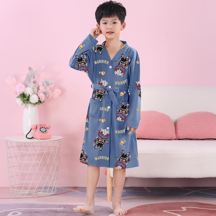 Girls' Combed Cotton Long-Sleeve Pajama Robe - Spring/Summer Bathrobe for Kids, Cute Sleepwear for Middle and Big Girls