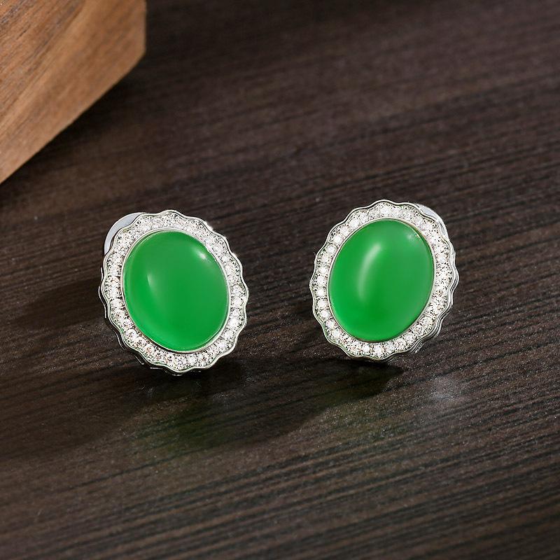 New Chinese ice yang green egg surface stud earrings silver inlaid with wave diamond edge retro noble earrings