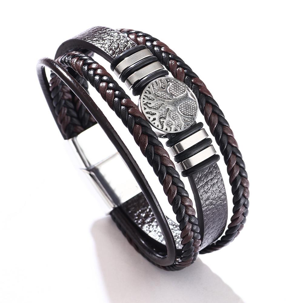 JMXD Leather Bracelet Tree of Life Stainless Steel Oval Ring Woven Braided Strap Fashion Accessory Unisex Gift