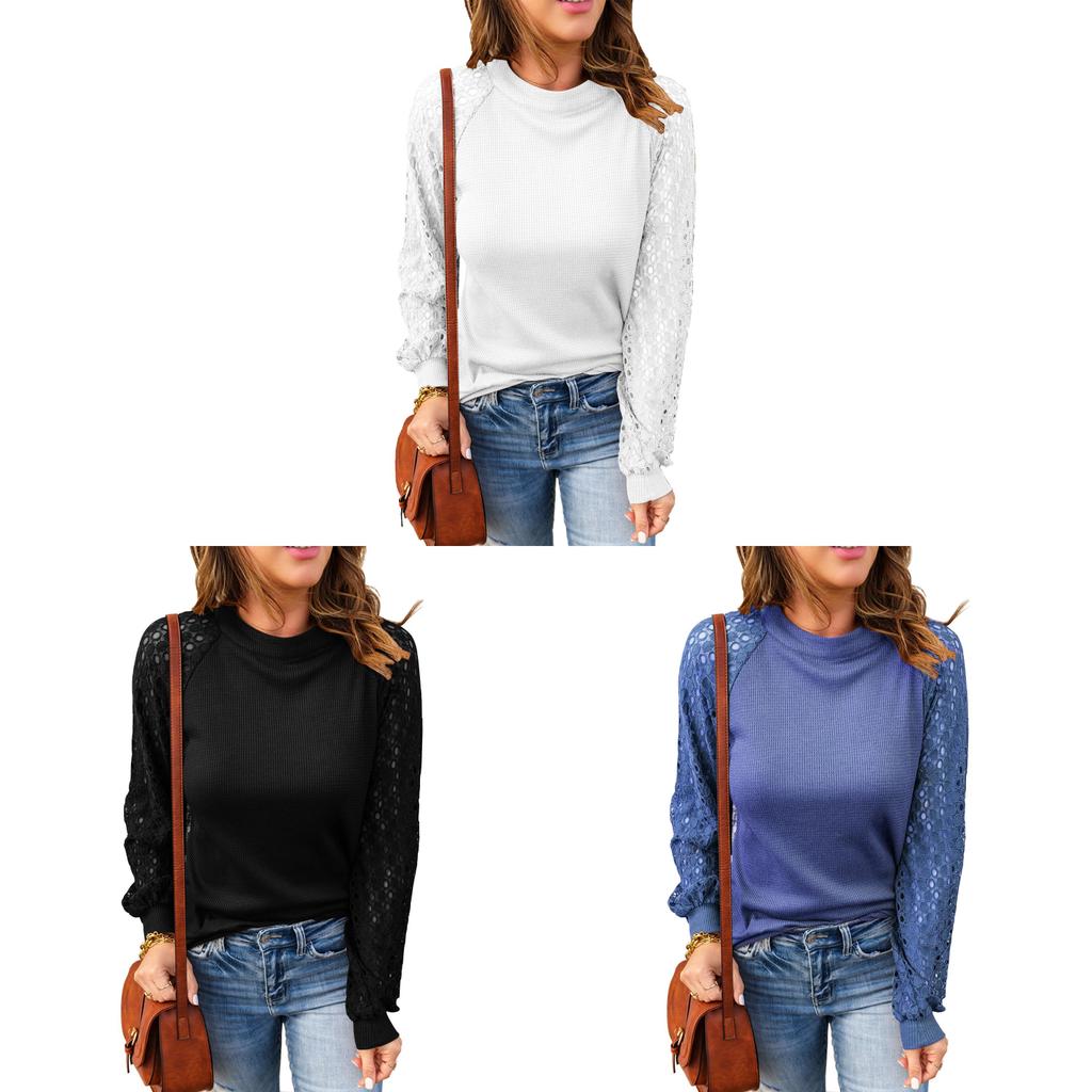 Elegant Long Sleeve T Shirt For Women With Lace Patching Polyester Splicing For Winter Wear