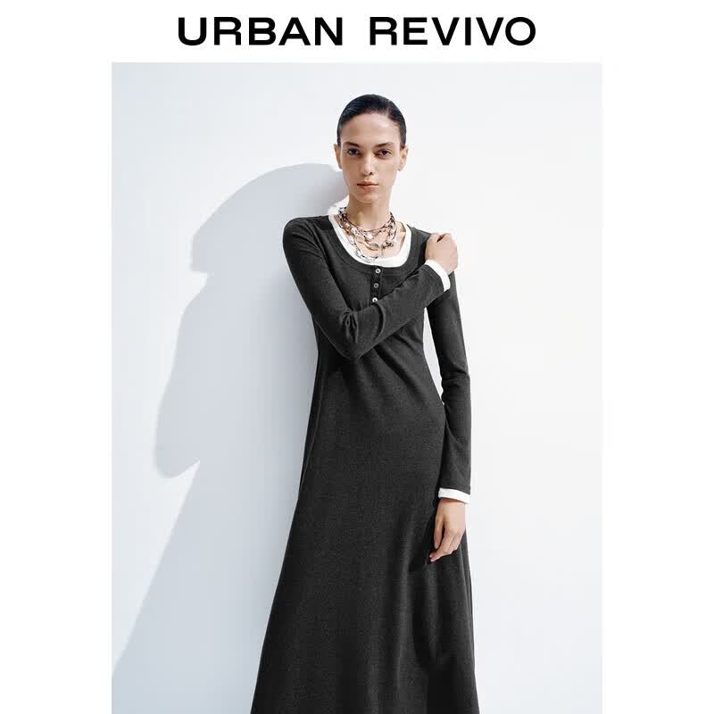 UR 2025 Winter Color-blocked Faux Two-piece Slim Long-sleeved Dress L