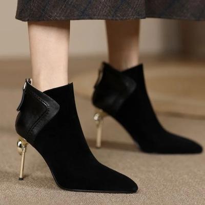 2025 podzim dámské kotníkové boty elegantní hnědé semišové krátké Botas kombinovaná kůže železný tenký vysoký podpatek černé dámské kotníkové boty Zapatos
