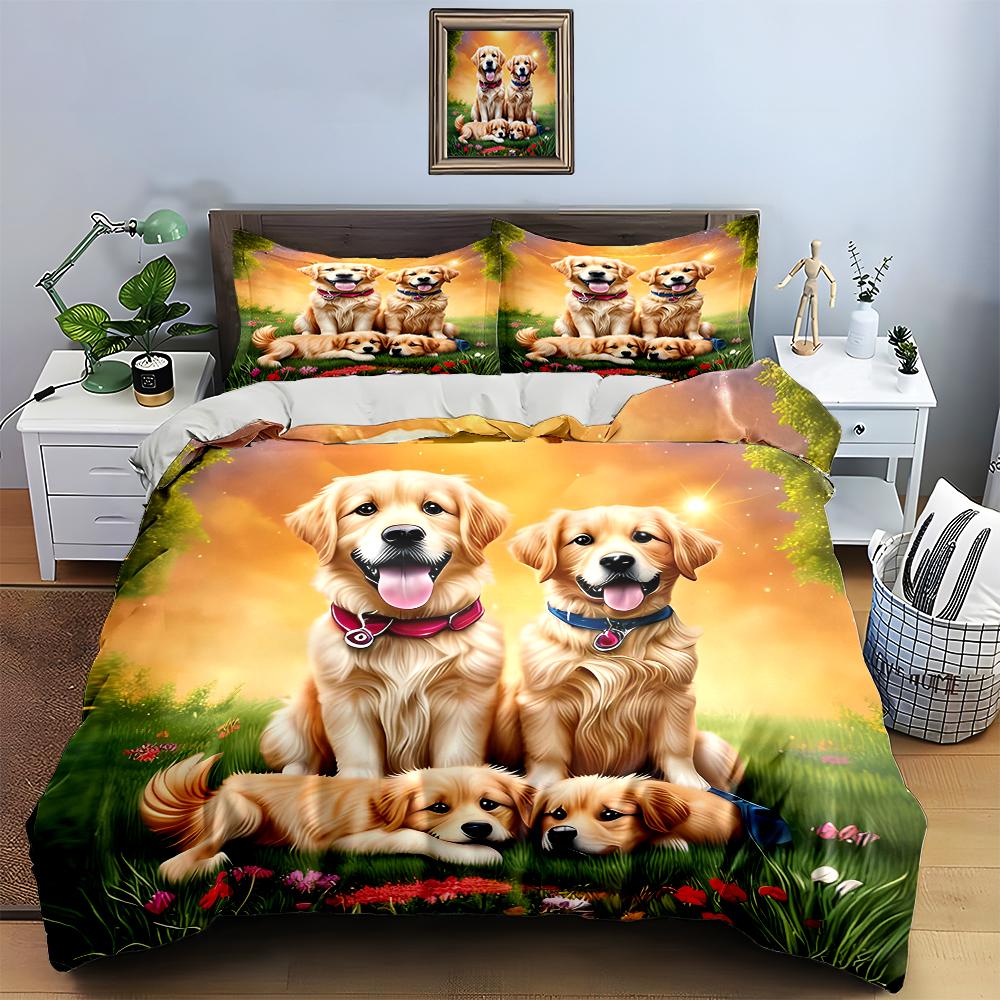 Golden Retriever Kunstwerke Bettwäsche Bettbezug-Sets Bettbezüge Kissenbezüge Geschenke (1 * Bettbezug 2 * Kissenbezüge, ohne Bettdecke)
