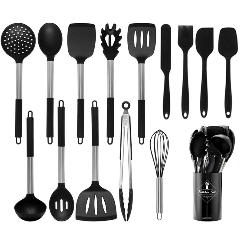 Black Non-stick Silicone Kitchenware Cooking Utensils Set Cookware Spatula Egg Beaters Stainless Steel Handle Kitchen Tool Set