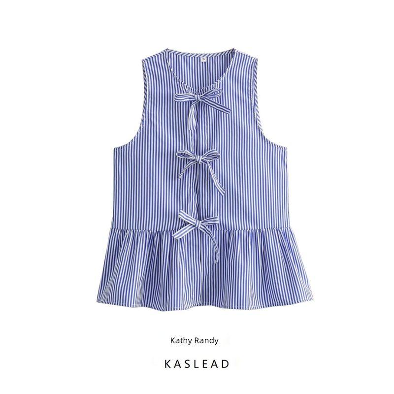 Kaslead New Arrival Women's Clothing Fashion Style Fashion Casual Easiest for Match Minimalist Striped Lace-up Shirt Vest
