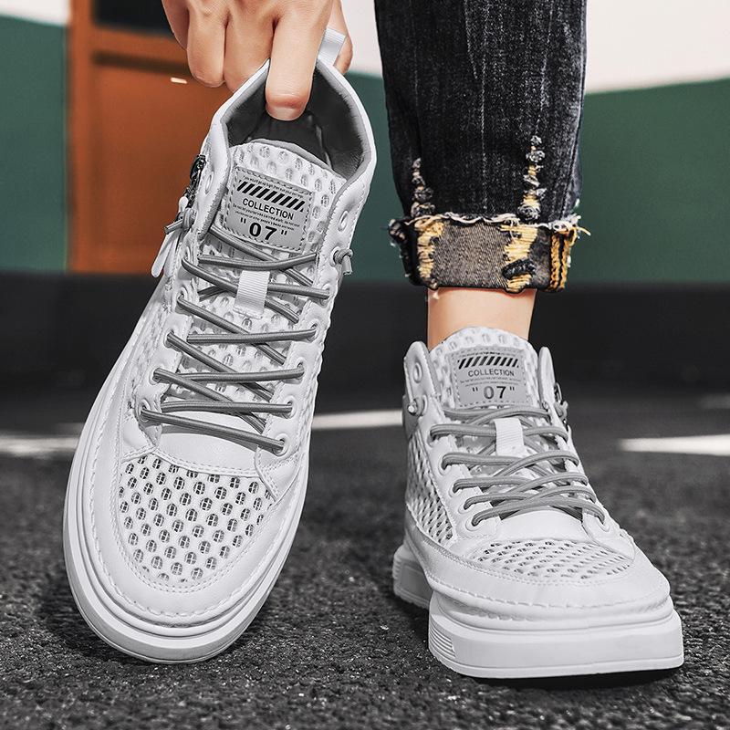 

High-top board shoes hollow breathable versatile casual mesh student outdoor trendy shoes medium-top mesh soft-soled skateboard shoes 44