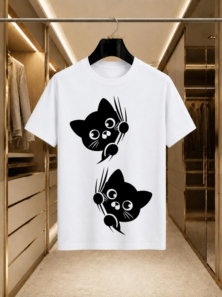 2026 New Arrival 100 Cotton Tshirt Cute Climbing Black Cat Cartoon Print Crew Neck Unisex Loose Fit Casual Short Sleeve