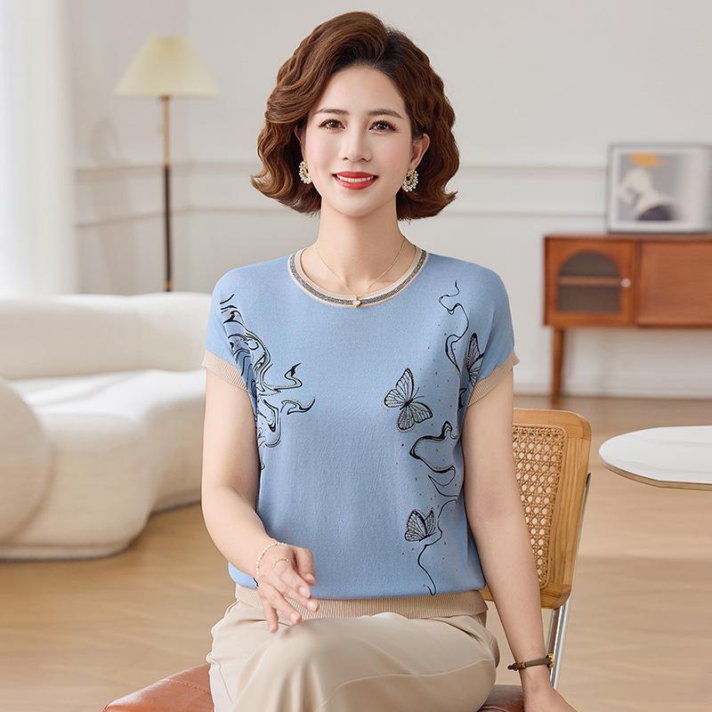 Women's Summer Ice Silk Short-Sleeve Knit Top - Loose Fit, Round Neck for Middle-Aged and Older