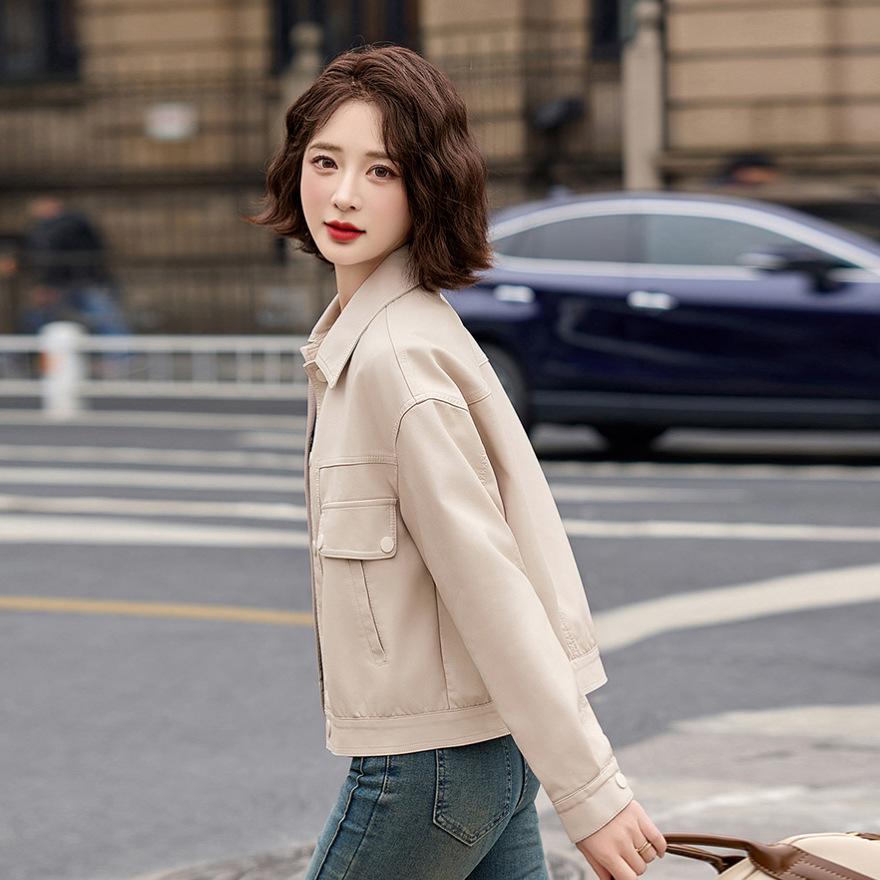 Short leather jacket women's spring and autumn new small temperament casual versatile lapel leather jacket