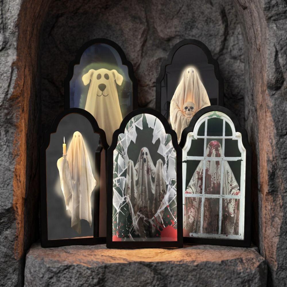 Glowing LED Mirror Decor Battery Operated Glowing Ghost Decor Halloween Wall Decor Haunted Mansion