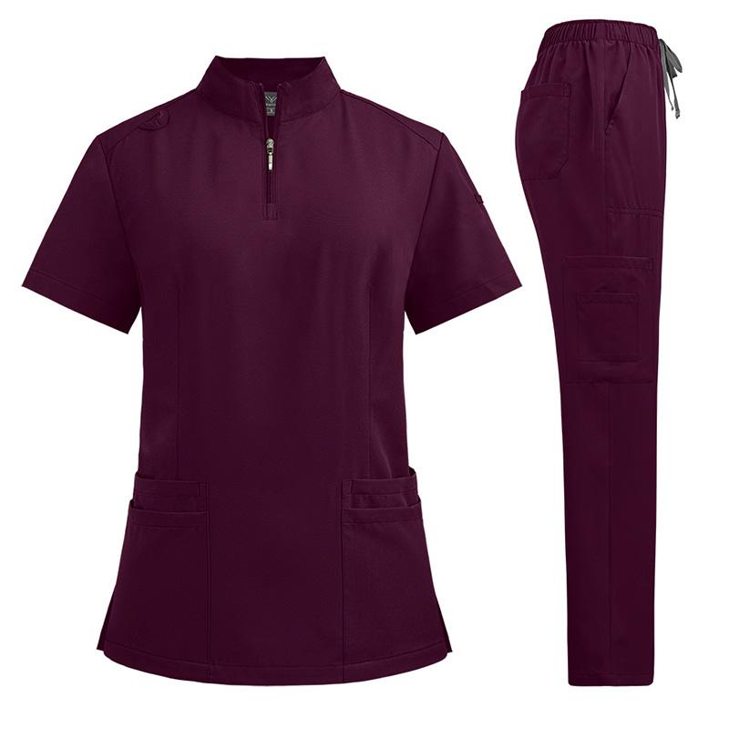 

1 комплект Хирургические костюмы Комплекты брюк Женский костюм для скраба Комплект медсестры с коротким рукавом Униформа для салона красоты Туника для медсестры Костюм Верх-Брюки XL вино красного