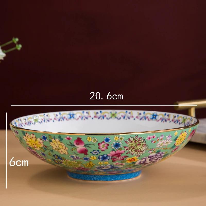 

Gold Stroke 8 Inches Large Soup Bowls Salad Bowl Ceramic Plate Palace Style Restaurant Home Ten Thousand Flower Enamel Tableware