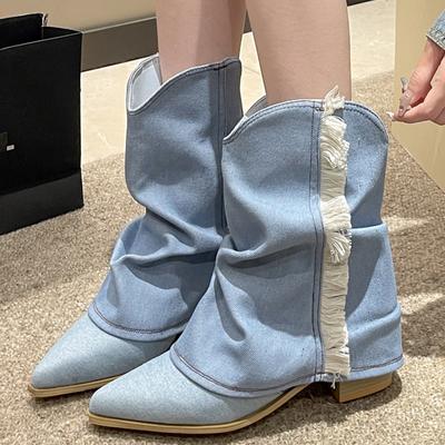 Cowboy Spitzzehen Damen Schneestiefel Mittelhochschaft Mode Mittelhohe Absätze Schuhe Designer Winter Chelsea Stiefel 2024 Trend Goth Schuhe