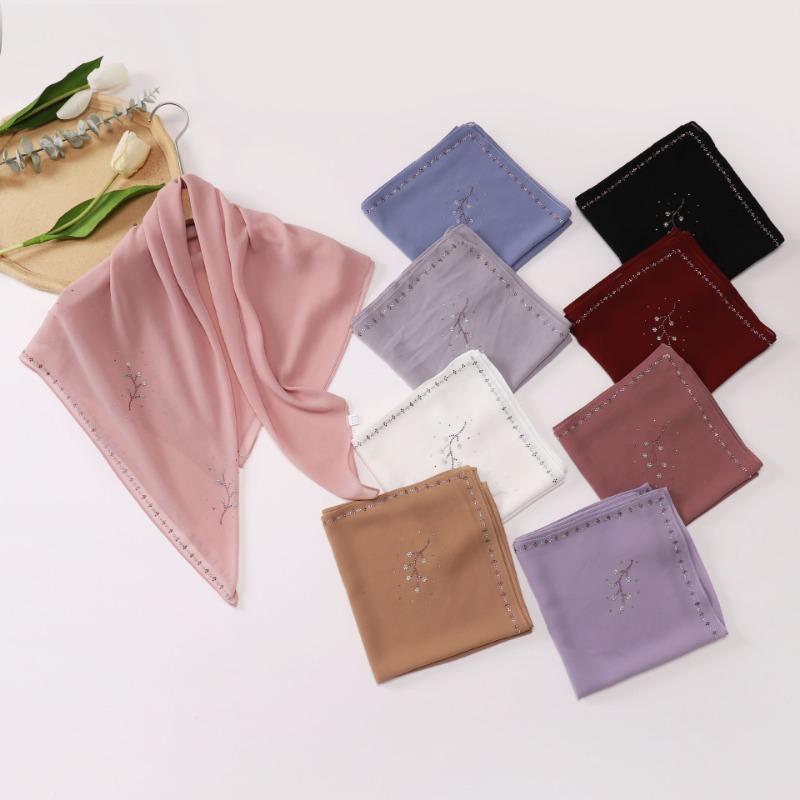 New Pearl Chiffon Rhinestone Square Scarf For Ethnic Women