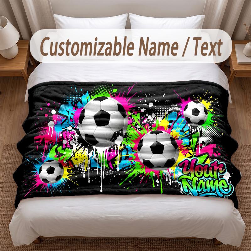 Soccer Theme Soft Blanket Personalized Custom Name Text Print Warm Blanket Home Sofa Bedroom Decor