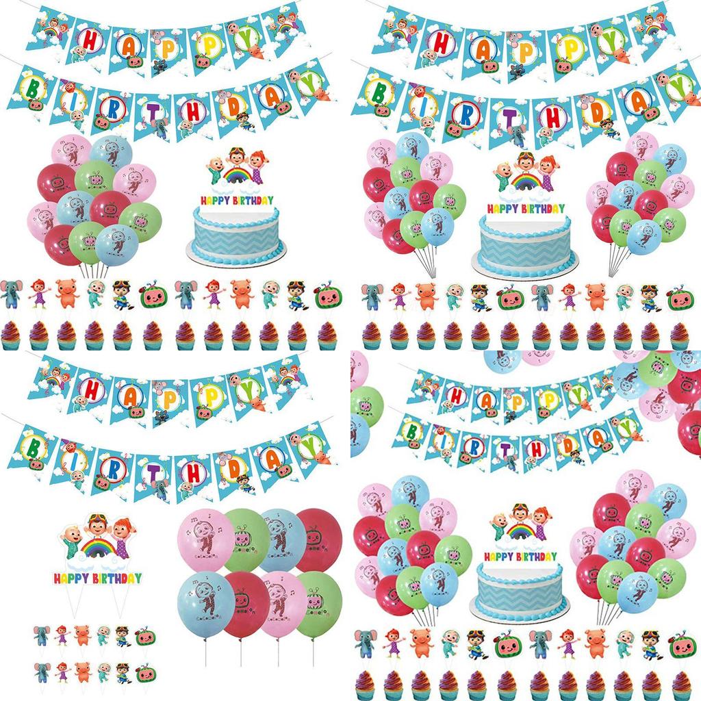 Kids Cocomelon Theme Birthday Party Decor Supplies Banner Caketopper Balloon