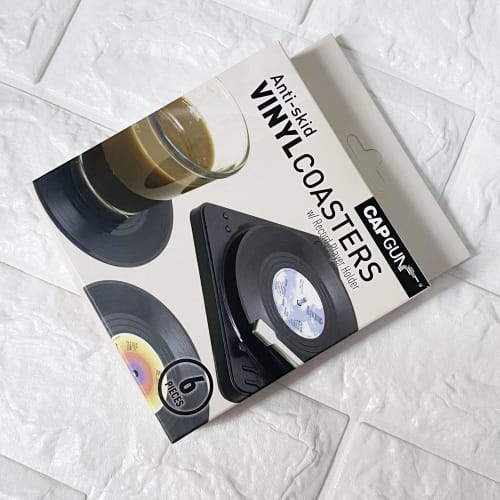 MECOWON Vinyl Record Coasters with Record Player Holder - 6 Pack Cool Coasters for Music Lovers. Perfect for housewarmings, parties, and music lovers.