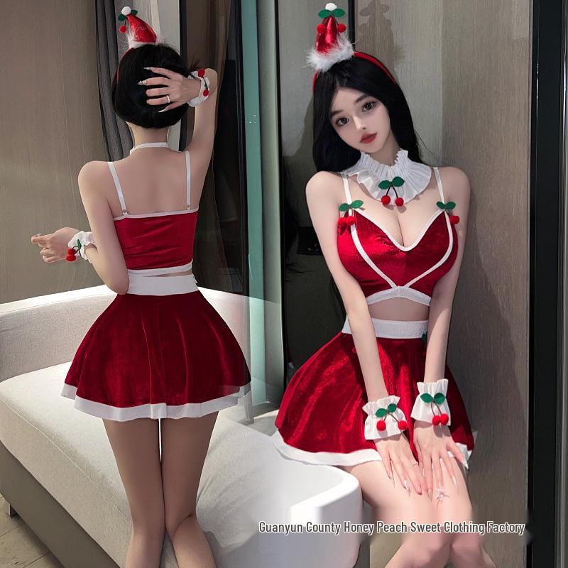 Sexy Christmas Cherry Lingerie Set: Deep V Top & Hip-Hugging Skirt