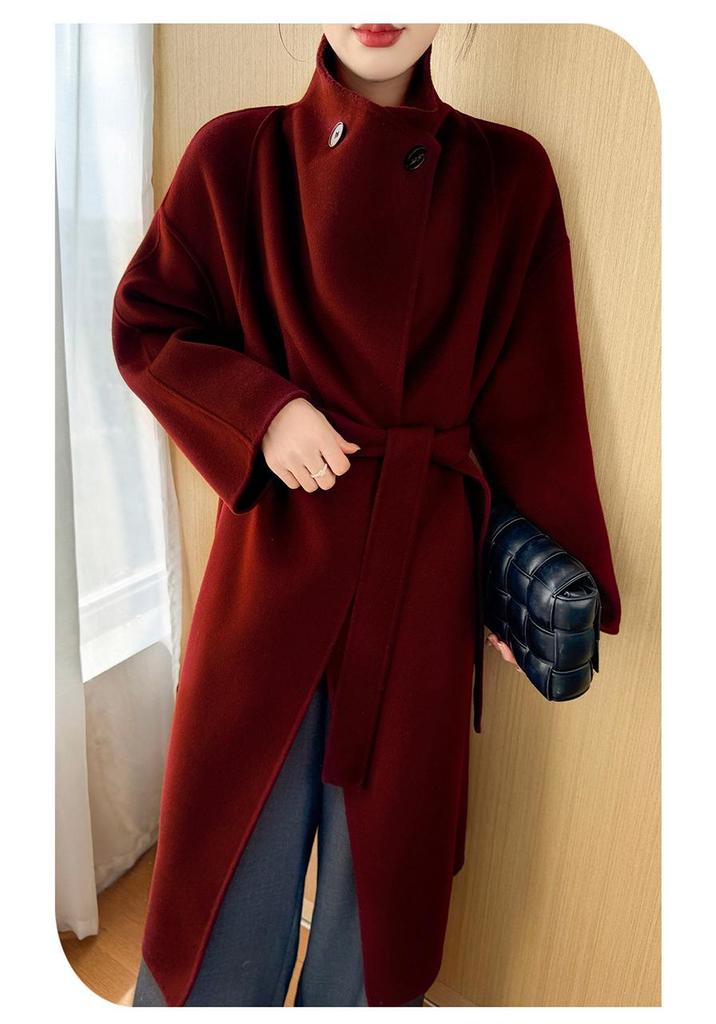 Elegant Mid-Length Velvet Wool Coat - Women's Korean Style Loose Fit with Stand Collar
