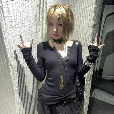 Y2k Japanese T Shirt Women Lace Long Sleeve Print Graphic Tops Streetwear American Retro 90s Crop Tops