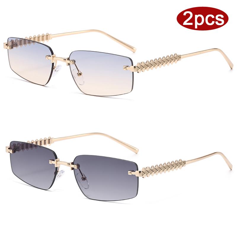 2pcs Rimless Metal Frame Square Sunglasses Women Gradient Color Lens Sun Glasses Vintage Irregular Legs Design Eyewear UV400