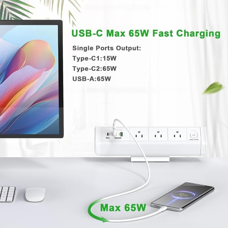 3 Outlet Desk Clamp Power Strips with USB C, Flat Plug Desktop Edges Power Strips, Desk Mount Clamp Socket Connect